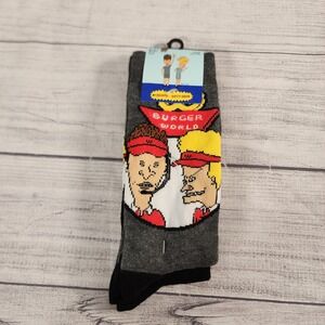 MTV Beavis and Butt-Head Burger World Mens Crew Socks Gray Black New